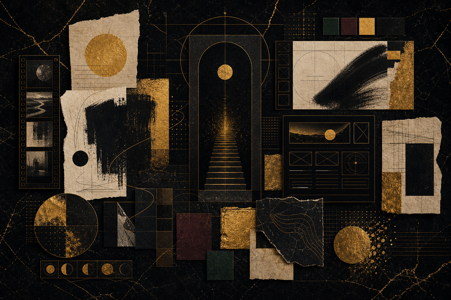 Black and gold abstract visual direction with grids, paper texture, and brush marks.