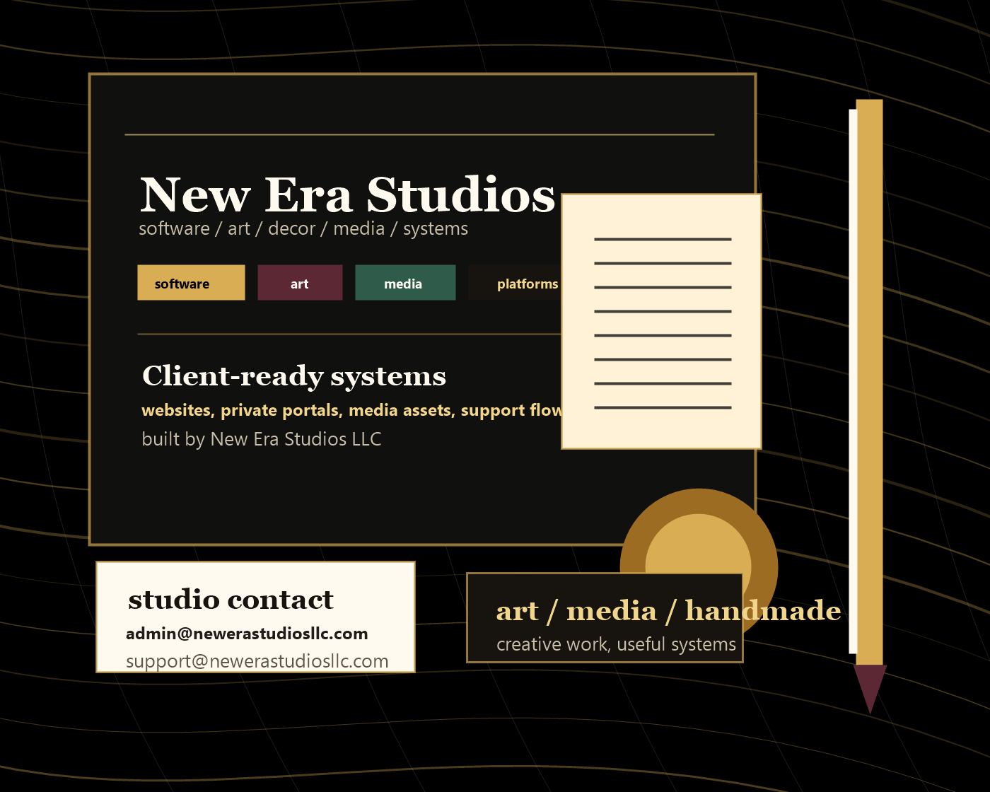 A black marble planning board for software, art, decor, media, and client-ready systems.